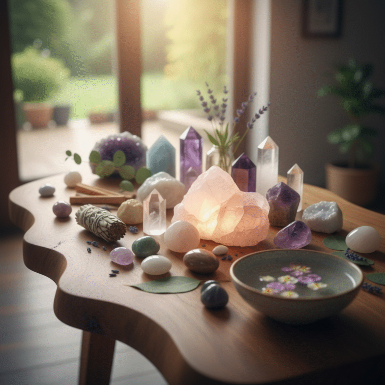 Elegant and serene arrangement of glowing natural healing crystals with soft light symbolizing holistic wellness and positive energy