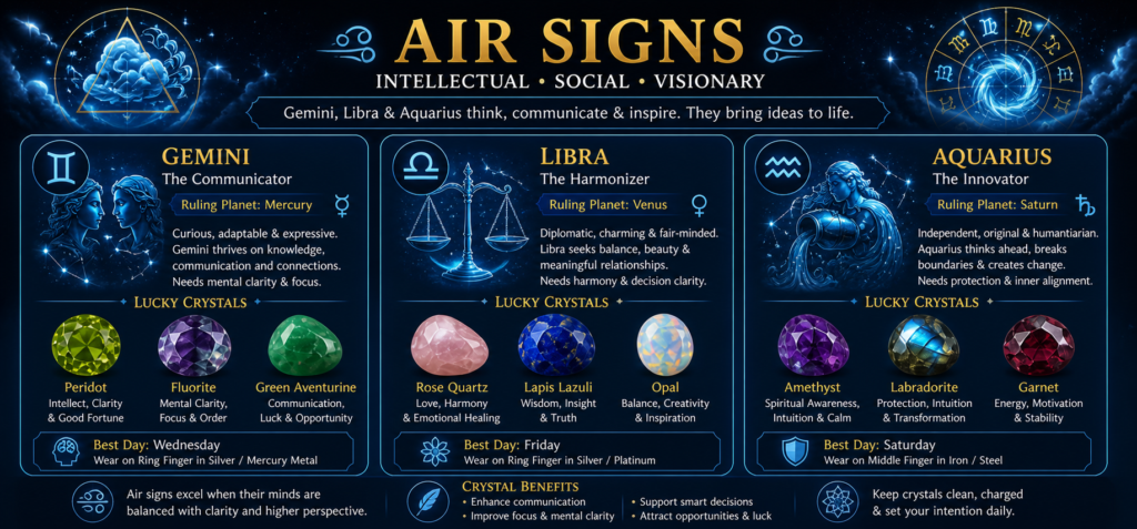 Air Signs Gemini, Libra, Aquarius astrology crystal guide
