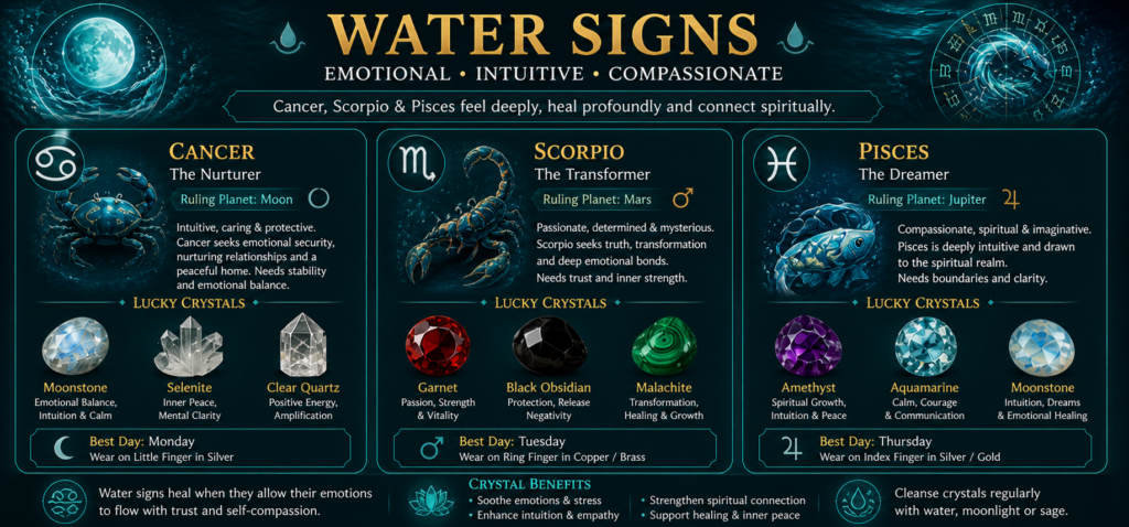 Water Signs Cancer, Scorpio, Pisces crystal guide