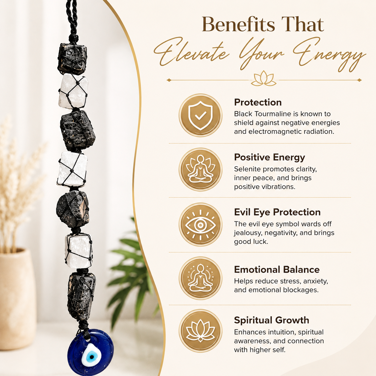 Black Tourmaline, Selenite & Evil Eye Hanger