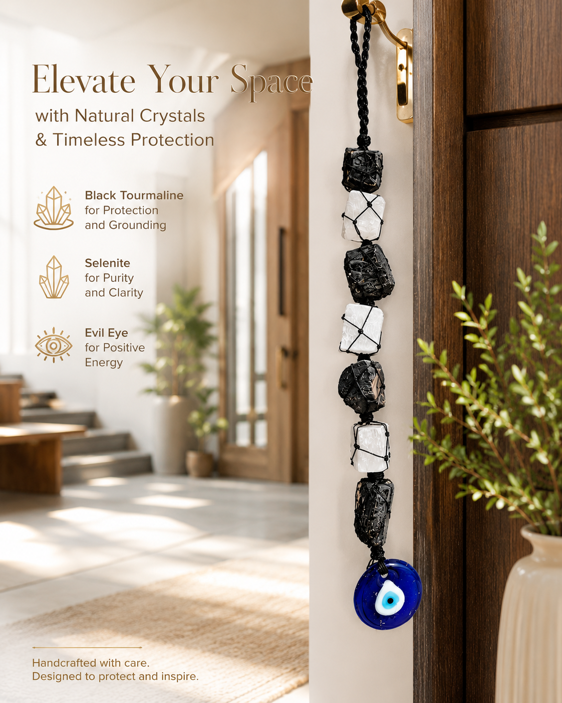 Black Tourmaline, Selenite & Evil Eye Hanger for home entrances, offices and meditation
