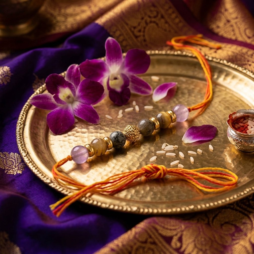 Mulank 7 Crystal Rakhi – Handmade Amethyst, Cat’s Eye & Labradorite