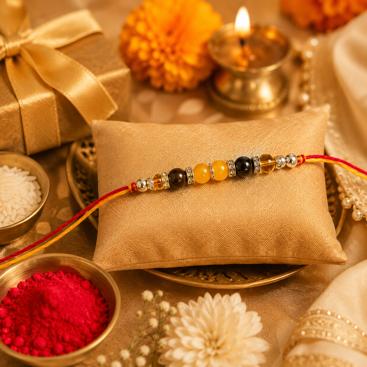 Wisdom & Prosperity Crystal Rakhi for Mulank 3 – Citrine, Tiger Eye & Yellow Onyx Bracelet