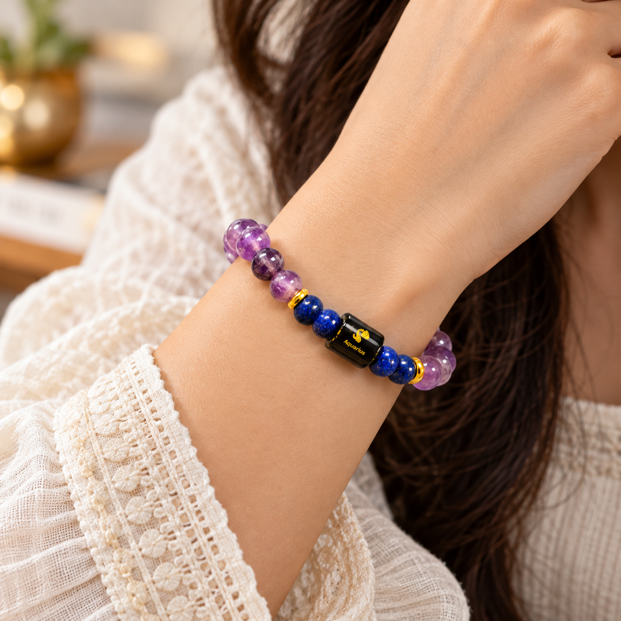 Aquarius Kumbh Rashi Amethyst and Lapis Lazuli crystal bracelet