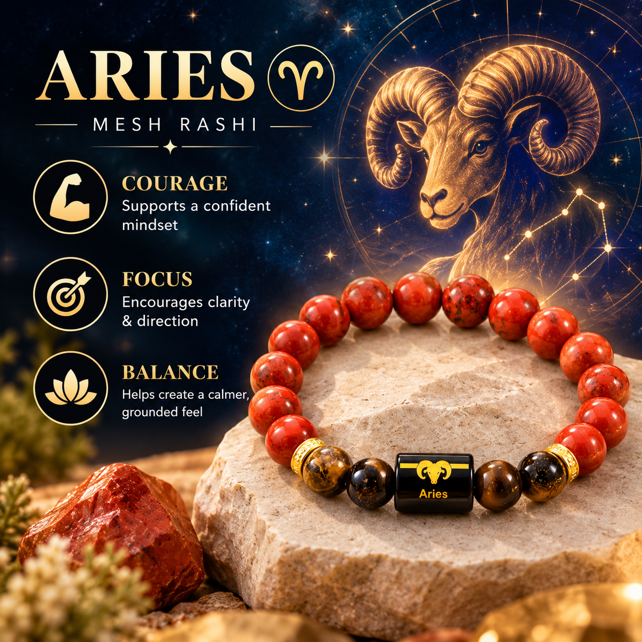 Aries crystal bracelet with Red Jasper and Tiger Eye 8 mm beads with certificate