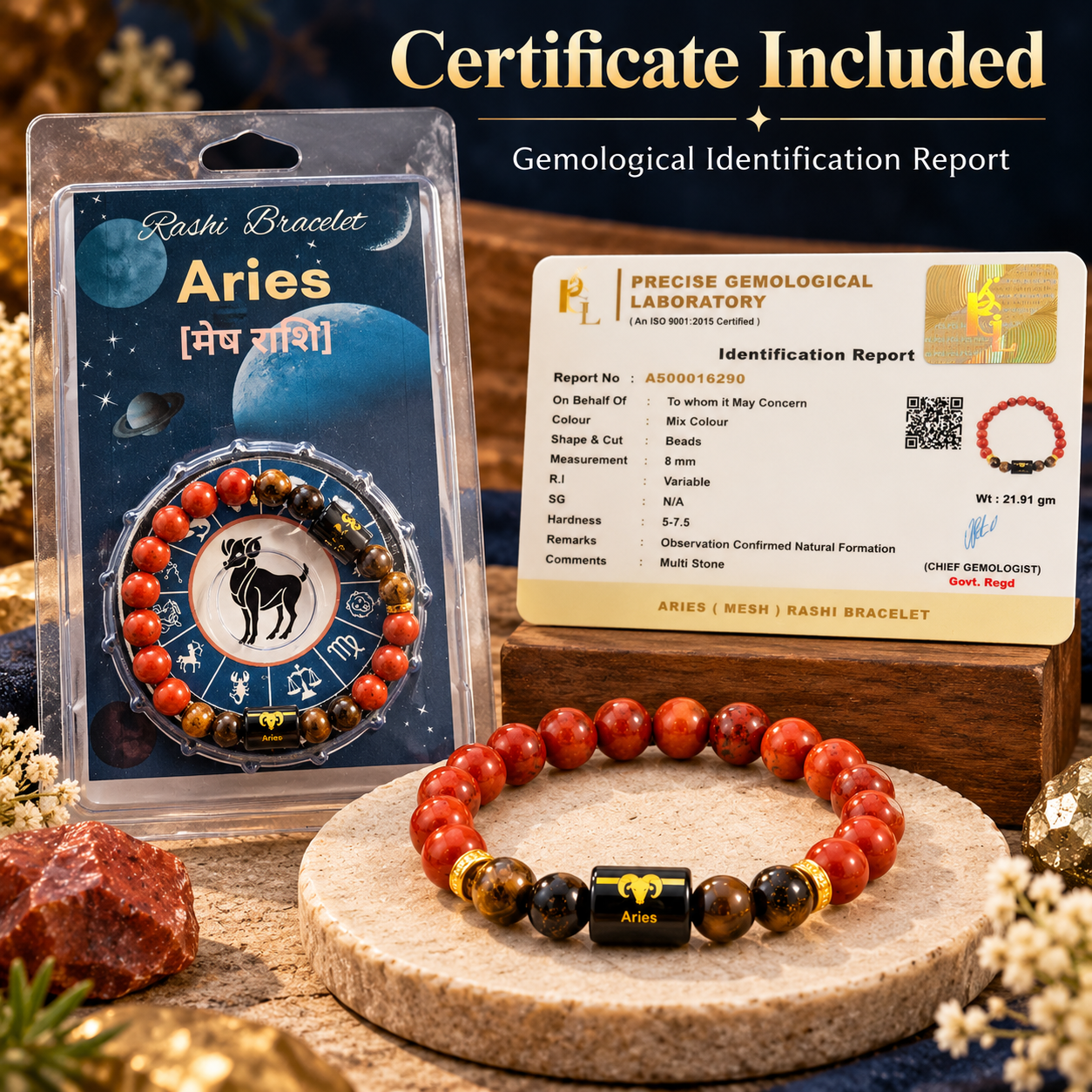 Aries crystal bracelet with Red Jasper and Tiger Eye 8 mm beads with certificate