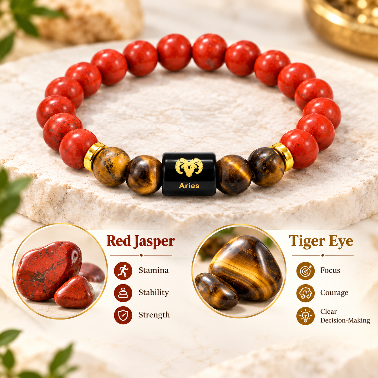 Aries crystal bracelet with Red Jasper and Tiger Eye 8 mm beads