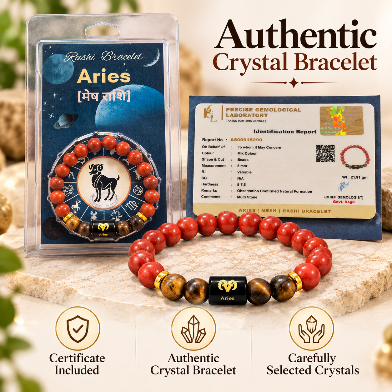 Aries crystal bracelet with Red Jasper and Tiger Eye 8 mm beads