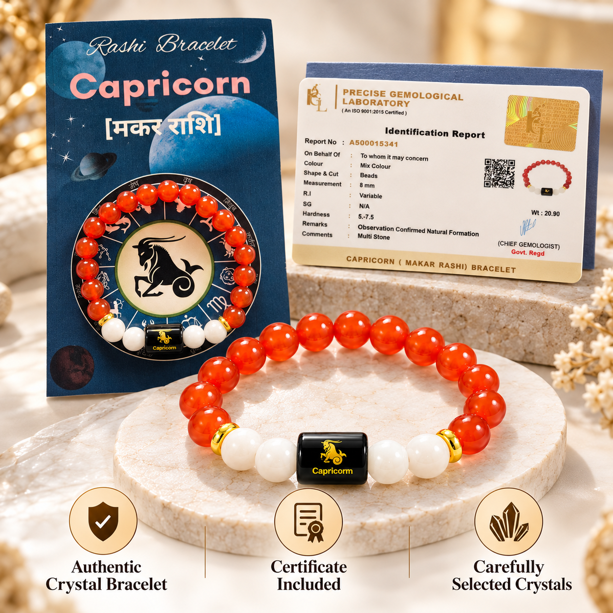 Capricorn crystal bracelet with Carnelian Milky Quartz and central Capricorn charm
