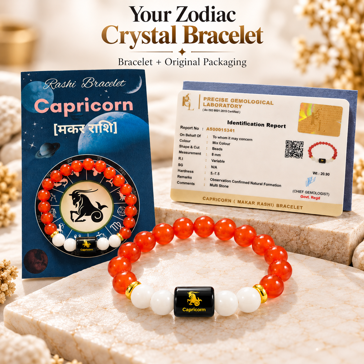 Capricorn crystal bracelet with Carnelian Milky Quartz and central Capricorn charm