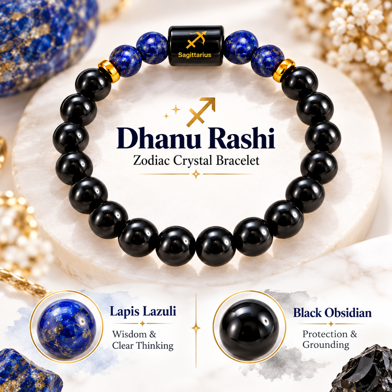 Sagittarius crystal bracelet with Lapis Lazuli and Black Obsidian