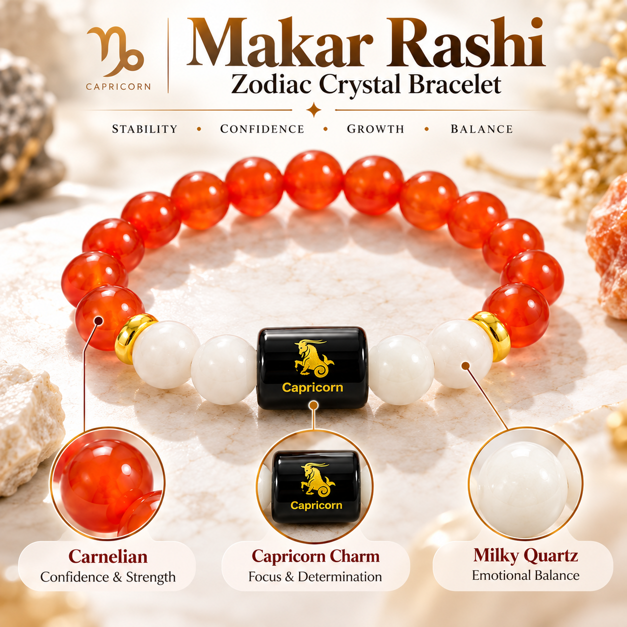 Capricorn crystal bracelet with Carnelian Milky Quartz and central Capricorn charm
