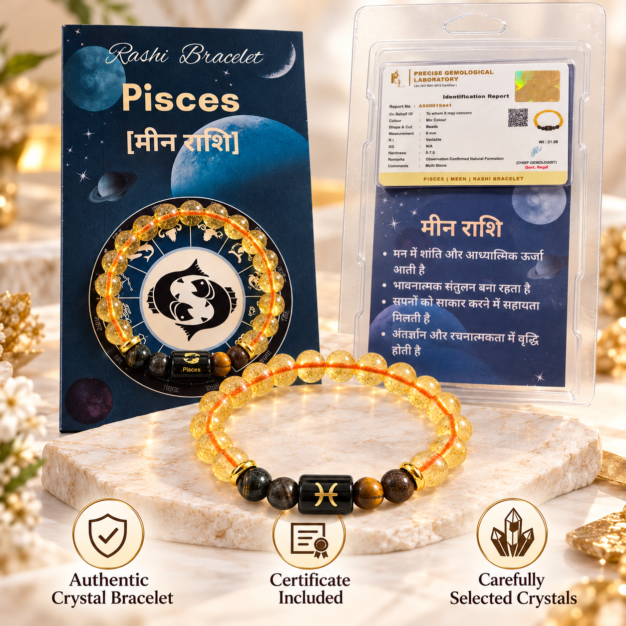 Pisces Meen Rashi / मीन राशि Crystal Bracelet Citrine and Tiger Eye