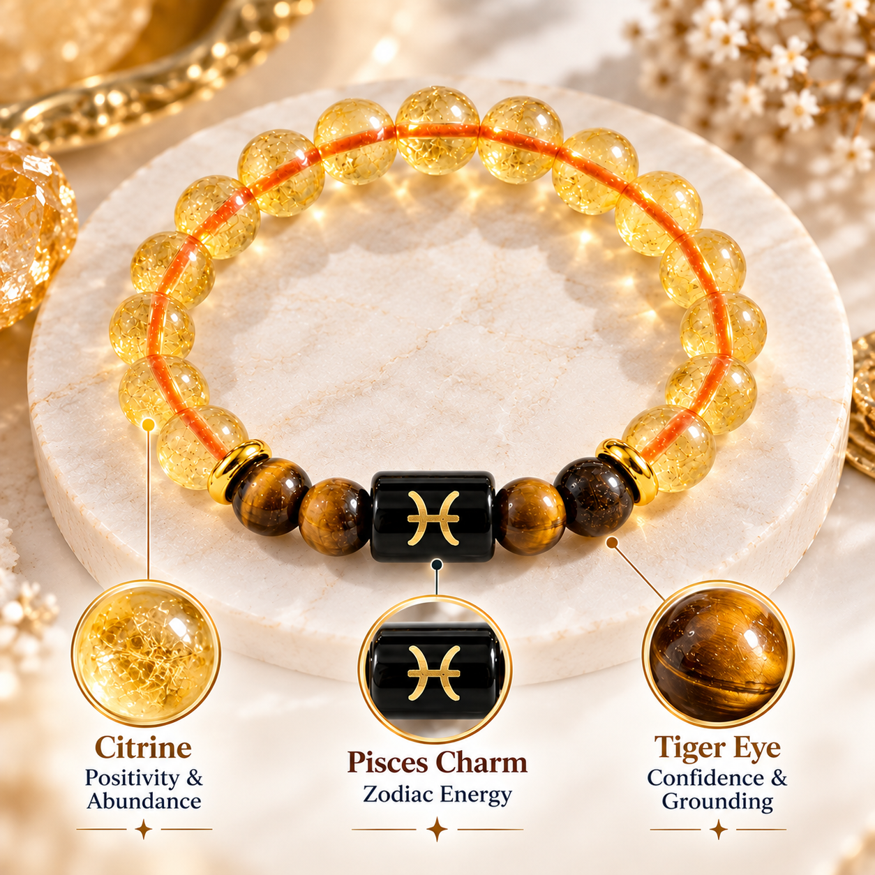 Pisces Meen Rashi / मीन राशि Crystal Bracelet Citrine and Tiger Eye