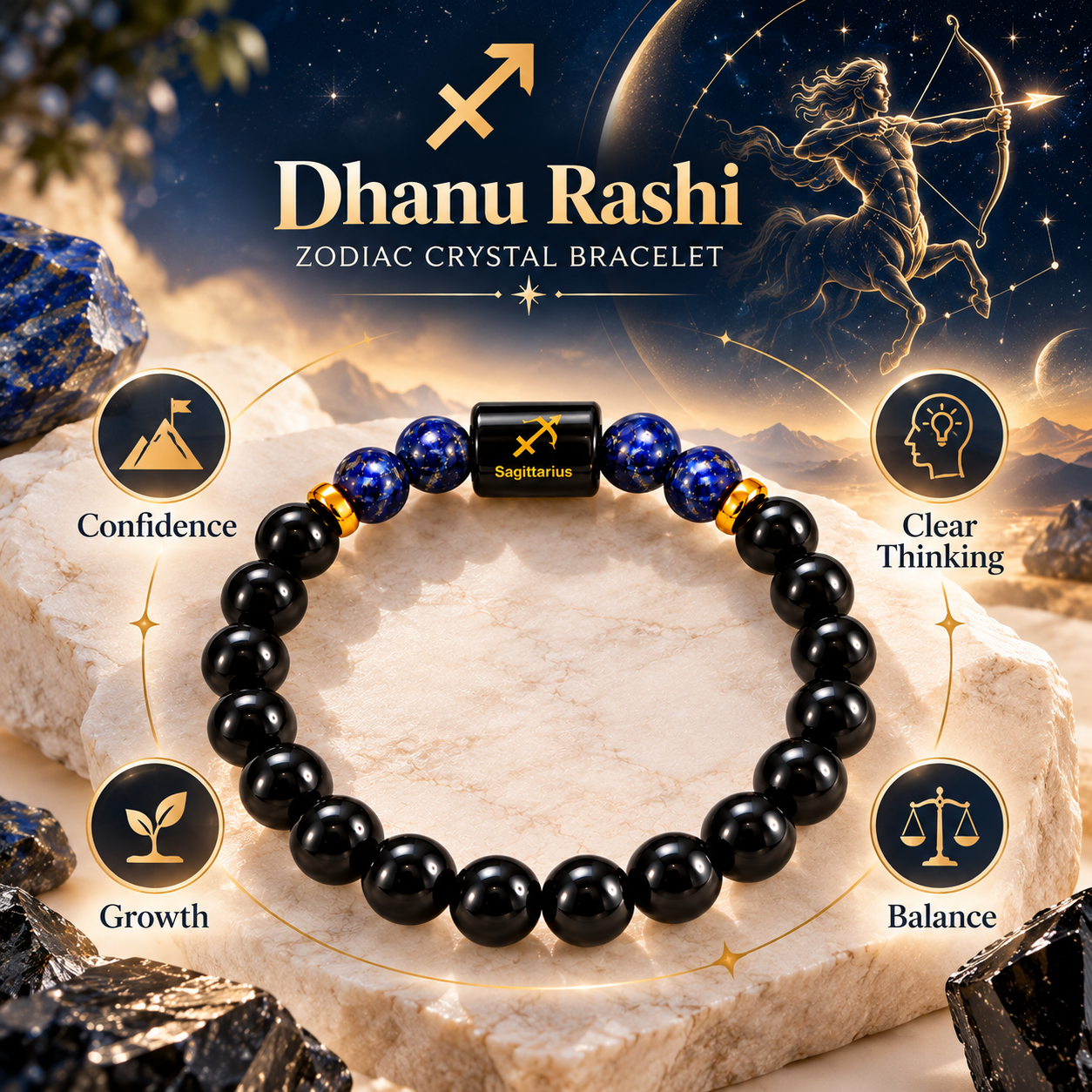 Sagittarius crystal bracelet with Lapis Lazuli and Black Obsidian