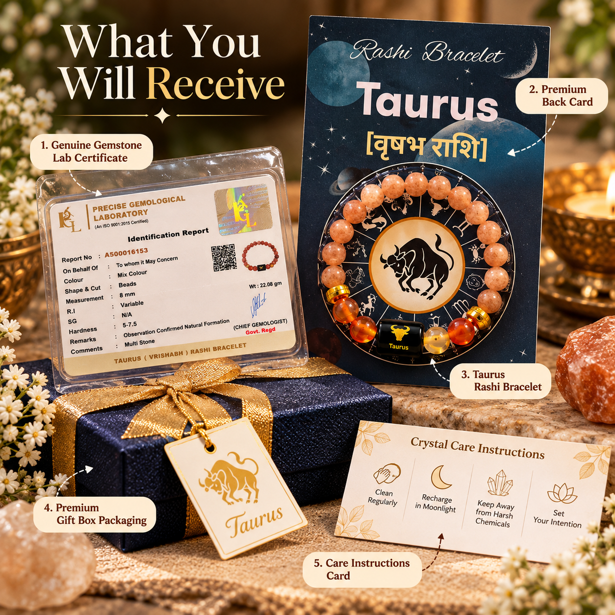 Taurus Zodiac Crystal Bracelet (Vrishabh Rashi वृषभ राशि)
