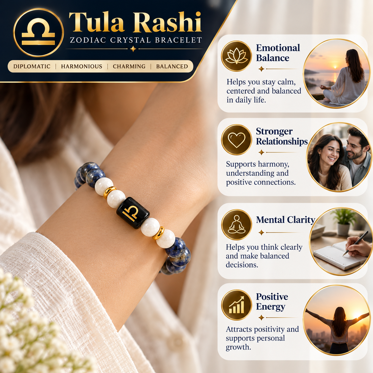 Libra Crystal Bracelet | Lapis Lazuli & Howlite Tula Rashi (तुला राशि)