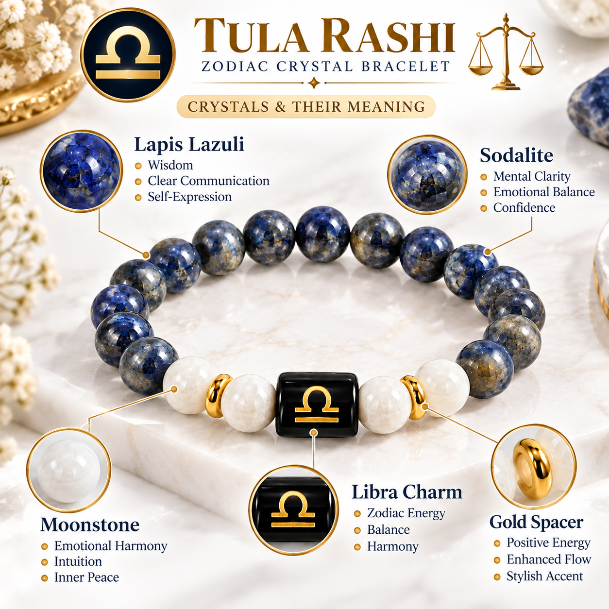 Libra Crystal Bracelet | Lapis Lazuli & Howlite Tula Rashi (तुला राशि)