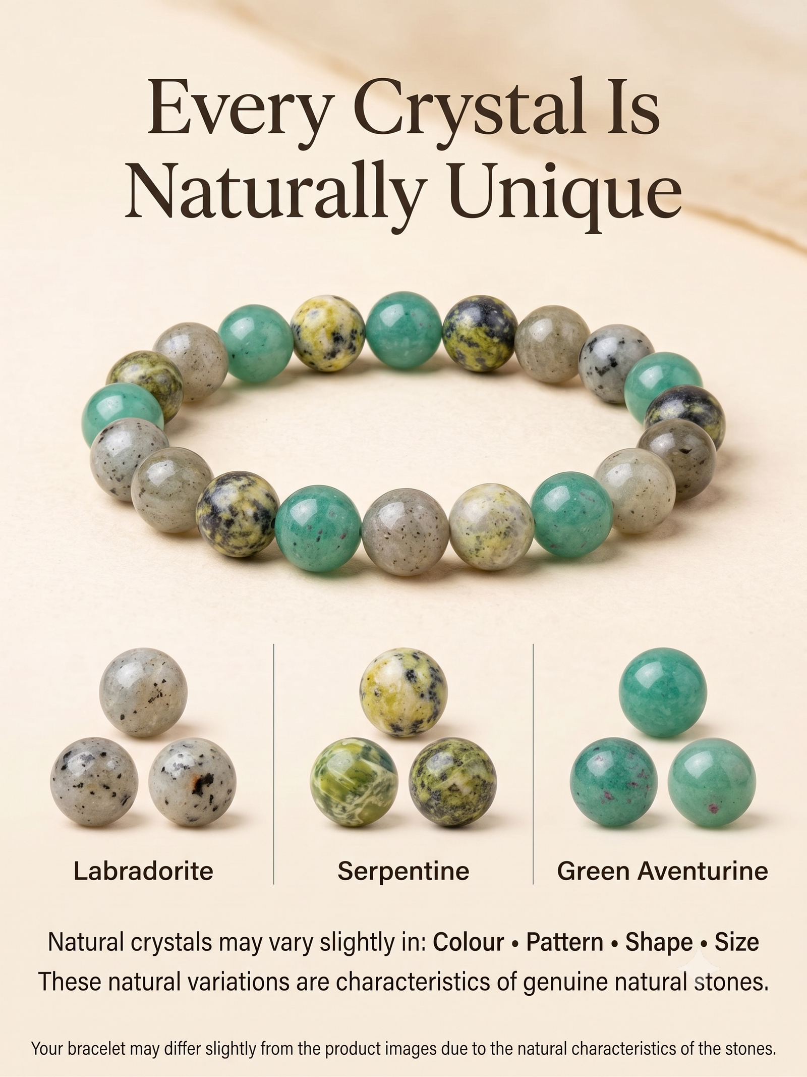 Mulank 4 crystal bracelet with Labradorite Serpentine and Green Aventurine